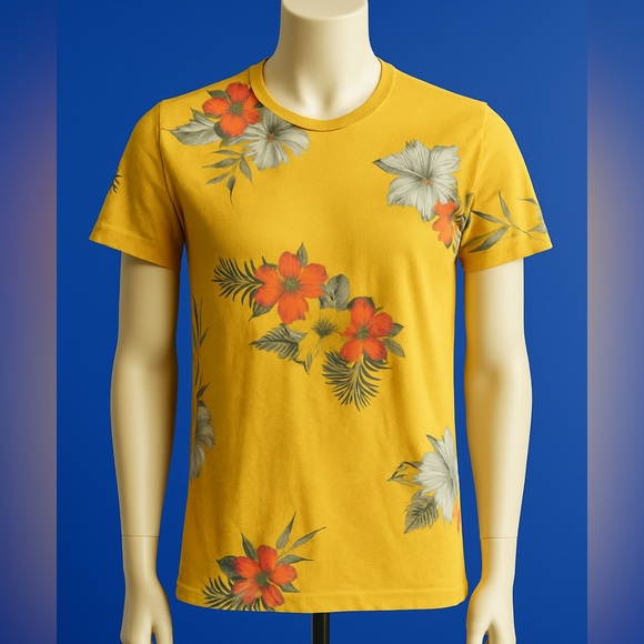 ZARA Men’s Mustard Yellow Floral T-Shirt Size S – Tropical Summer Vibe - Picture 1 of 4